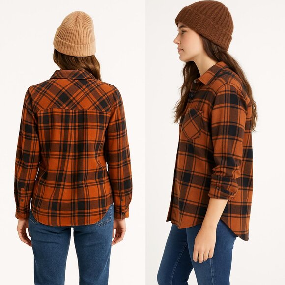 GAP Flannel Button Down Shirt Burnt Orange Charcoal Plaid Soft Brushed M - Picture 4 of 11